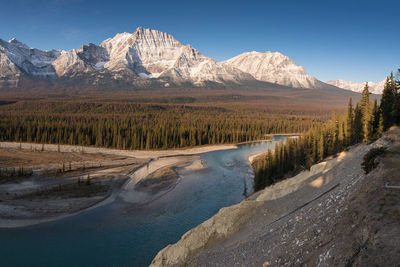 Scenic view of snowcapped mountains against blue sky