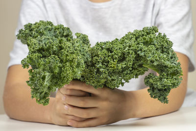 Kid with healthy vegetables. boy holding fresh kale leaves.