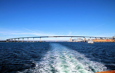 Bridge over sea against blue sky