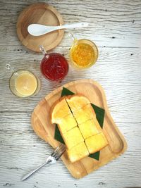 High angle view of breakfast on table