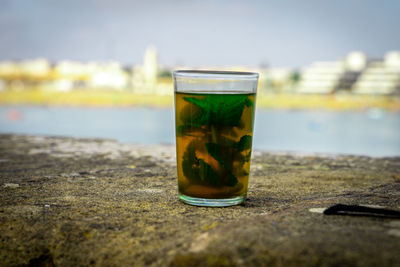 Close-up of drink on wall