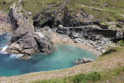 High angle view of rocks in sea