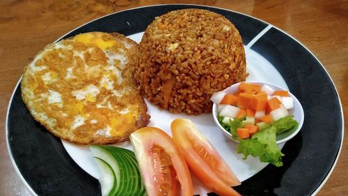 High angle view of breakfast served on table