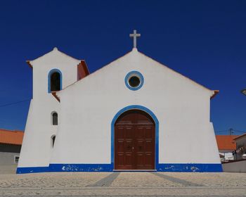 Low angle view of building against clear blue sky