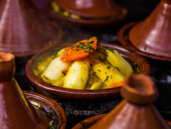 High angle view of fruits in bowl on table