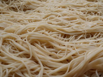 High angle view of noodles in bowl on table