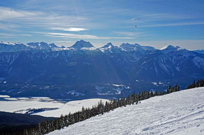 Scenic view of snow covered mountains against sky