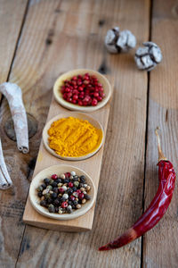 High angle view of herbal spices on a bowl