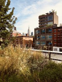 Buildings on field against sky