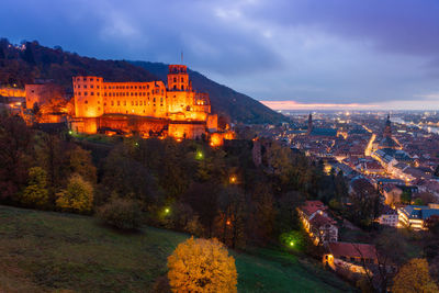 Illuminated buildings against sky