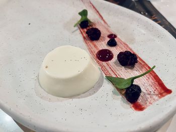 High angle view of dessert served on table