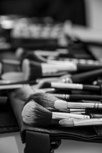 Makeup brushes on table. professional visage artist set