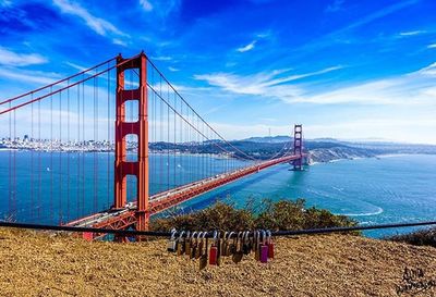 Golden gate bridge against cloudy sky