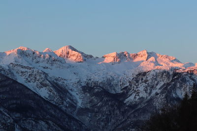 Scenic view of snowcapped mountains against clear sky