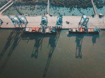 High angle view of freight transportation on sea at port