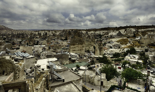 High angle shot of townscape against sky