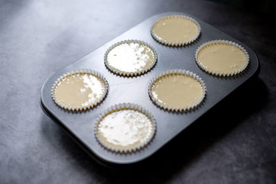 High angle view of cupcakes on table