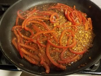 Close-up of noodles in cooking pan