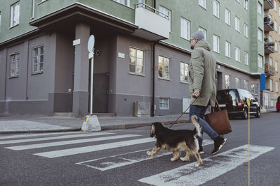 Full length of man crossing street with dog in city