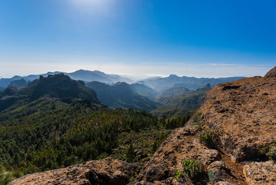 Scenic view of mountains against blue sky