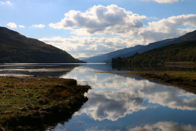 Scenic view of lake and mountains against sky