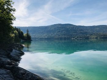 Scenic view of lake and mountains against sky