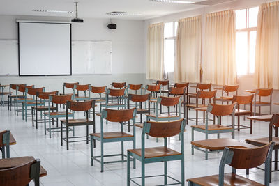 Empty chairs and tables in classroom