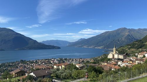 Panoramic shot of townscape by sea against sky