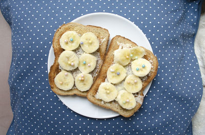 High angle view of breakfast served on table