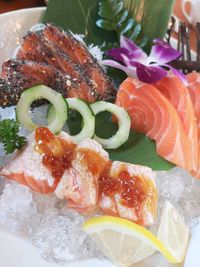 Close-up of sushi served in plate