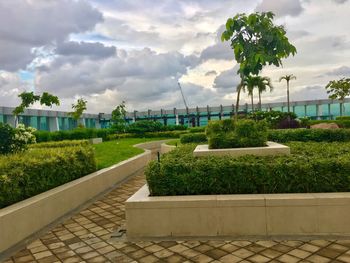 Footpath in park against cloudy sky