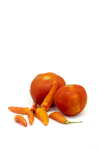 Close-up of orange fruit against white background