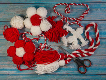 High angle view of christmas decorations on table