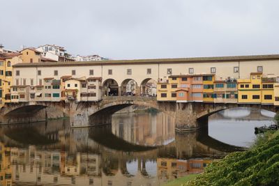 Arch bridge over river by buildings against sky