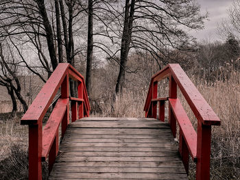 Wooden footbridge amidst trees in forest