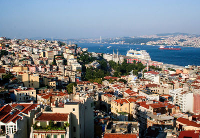 High angle view of townscape by sea against sky