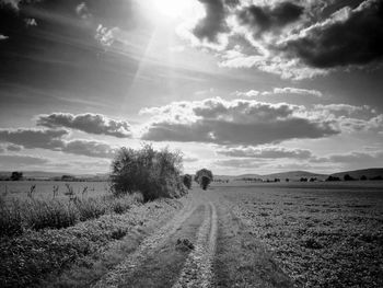 Dirt road amidst field against sky