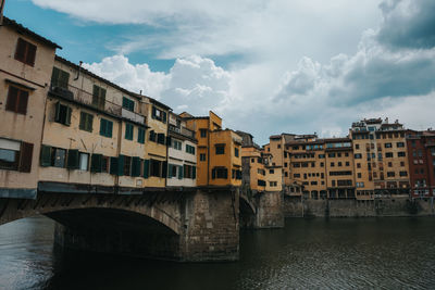 Bridge over river by buildings against sky