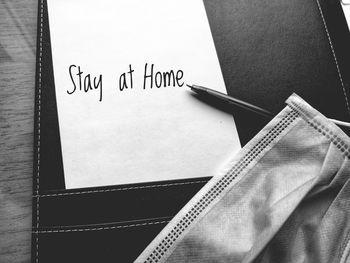 High angle view of text on book