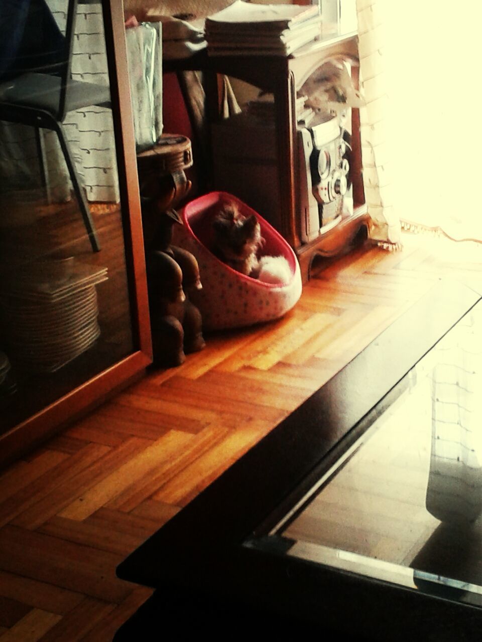 indoors, table, wood - material, high angle view, still life, home interior, chair, food and drink, no people, absence, restaurant, empty, reflection, book, day, drink, coffee cup, wood, elevated view, wooden