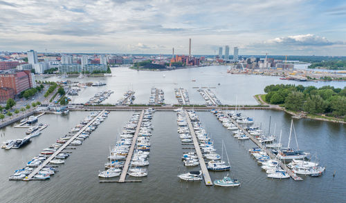 Boats and yachts parking lot in helsinki, finland. drone point of view.