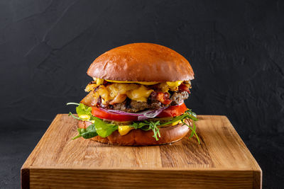 Close-up of burger on table