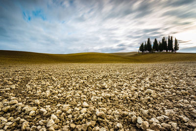 Stones on landscape against cloudy sky