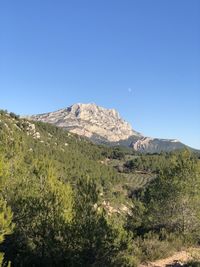 Scenic view of mountains against clear blue sky