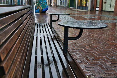 High angle view of empty bench on table