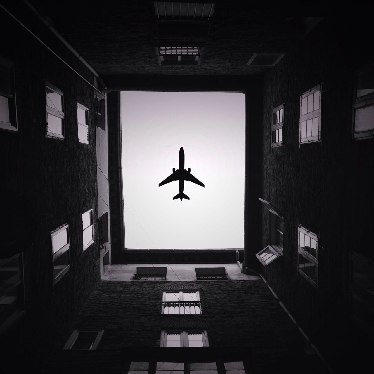 architecture, built structure, flying, indoors, window, low angle view, silhouette, building exterior, mid-air, building, no people, bird, copy space, sky, airplane, day, ceiling, illuminated, house