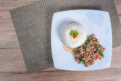 High angle view of food in plate