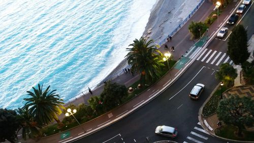 High angle view of road by sea