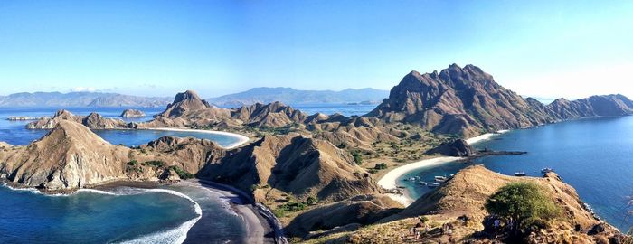 Panoramic view of sea and mountains against clear blue sky