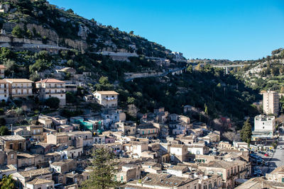 High angle view of townscape against clear sky